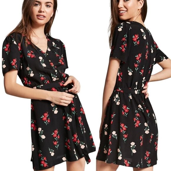 FRNCH Paris Dress Women Small Black Red Floral Print Fit And Flare Mini Boho - Picture 1 of 11